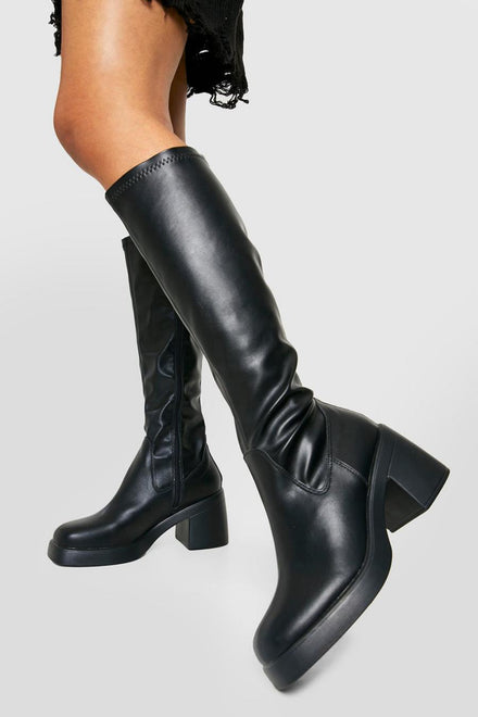 Black PU Block Heel Calf High Boots with Square Toe