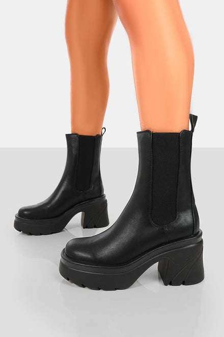 BLACK PU CHUNKY ANKLE BOOT WITH BLOCK HEEL