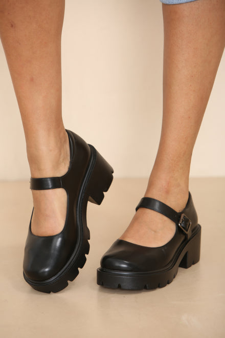 BLACK PU BUCKLE STRAP FLATS MARY JANE ROUND TOE SHOES