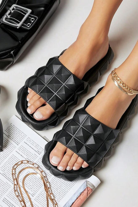 BLACK 3D PYRAMID DETAIL SLIP ON FLAT POOL SLIDER SANDAL