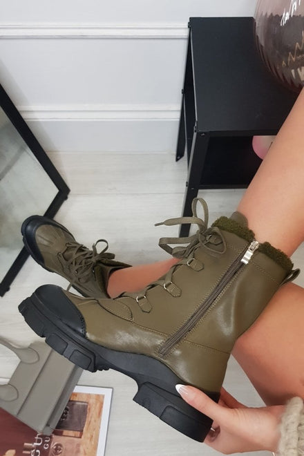 Khaki PU Chunky Ankle Boots With Lace-up Front and Faux Fur Trim Lining