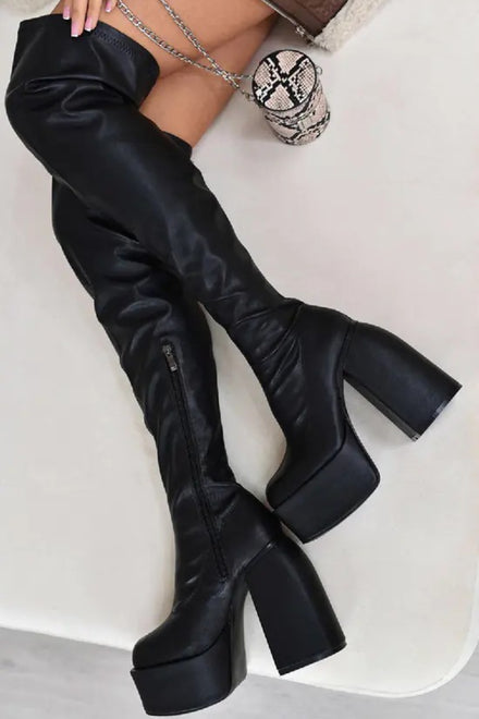 Black PU Block Heel Knee High Boots With Square Toe