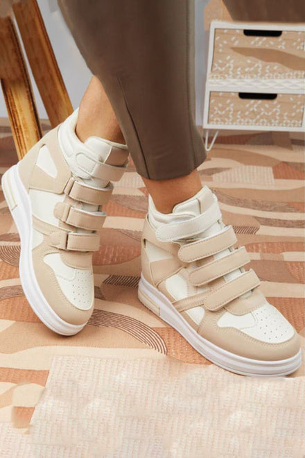 Women's Beige Ankle Boot Hidden Wedge High Heel Platform