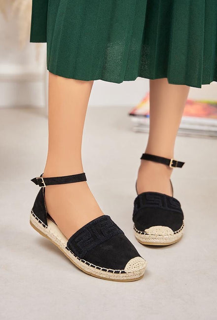 BLACK ANKLE STRAP FAUX SUEDE ESPADRILLE SANDALS