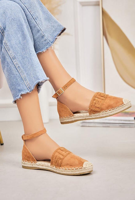 CAMEL ANKLE STRAP FAUX SUEDE ESPADRILLE SANDALS