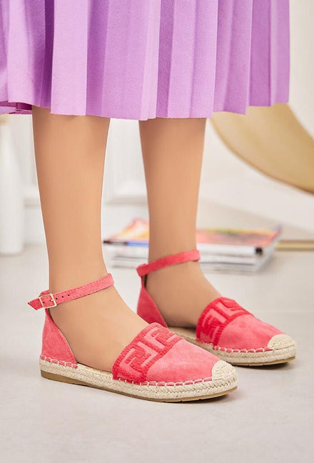 RED ANKLE STRAP FAUX SUEDE ESPADRILLE SANDALS