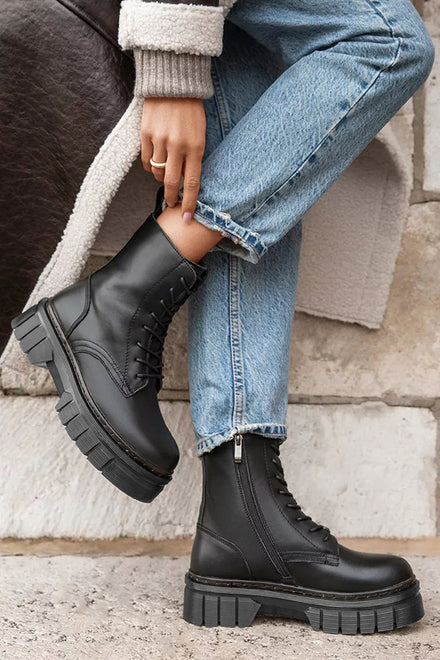 Black Chunky Platform Ankle Boots With Front Lace Up