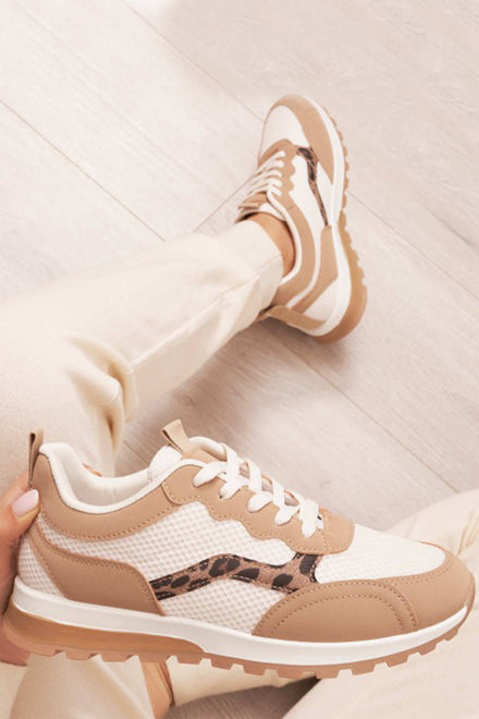 MOCHA WHITE LEOPARD LACE UP FLAT SNEAKERS