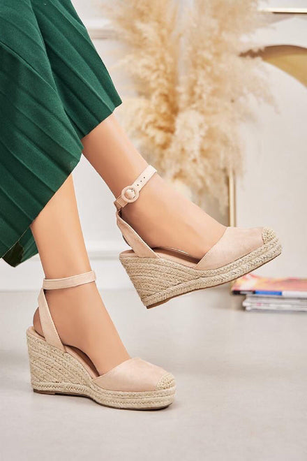 BEIGE ANKLE STRAP OPEN BACK RAFFIA WEDGE SANDAL