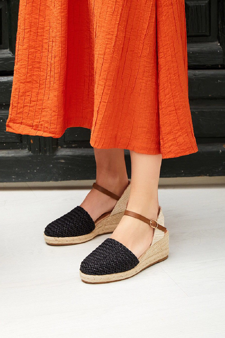 BLACK ANKLE STRAP RAFFIA DETAIL ESPADRILLE WEDGE SANDAL