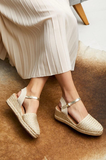 GOLD ANKLE STRAP RAFFIA DETAIL ESPADRILLE WEDGE SANDAL