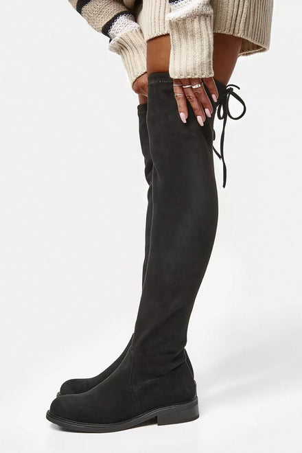 Black Stretch Faux Suede Over The Knee Flat Boots
