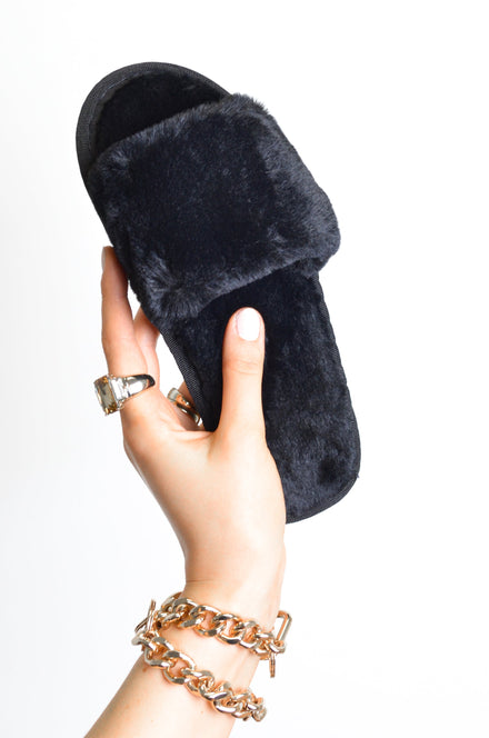 Black Faux Fur Slider Slippers