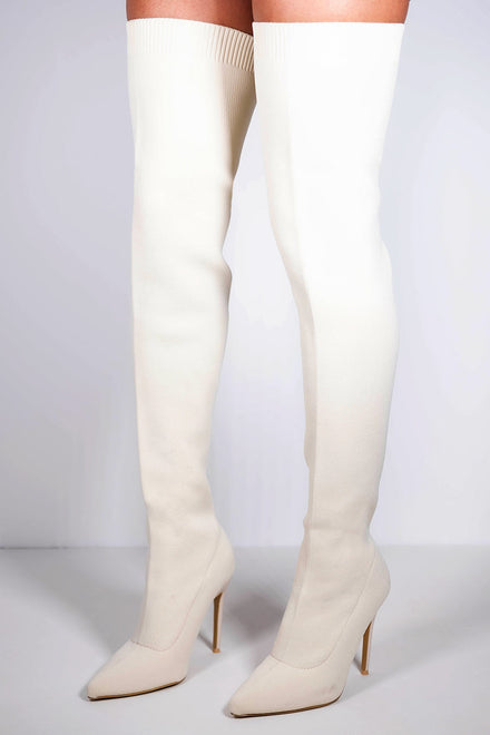 BEIGE HIGH HEEL OVER THE KNEE BOOT WITH KNITTED SOCK