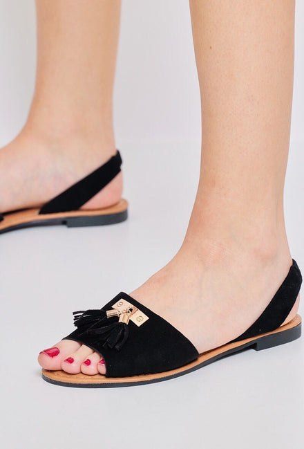 BLACK TASSEL DETAIL FLAT SLING BACK SLIDER SANDAL