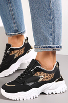 BLACK LEOPARD LACE UP GOLD HEEL CLIP CHUNKY TRAINERS