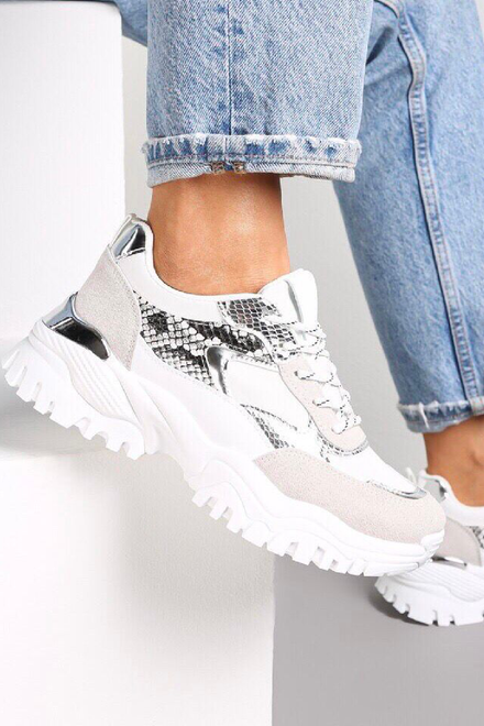 WHITE ZEBRA LACE UP SILVER HEEL CLIP CHUNKY TRAINERS