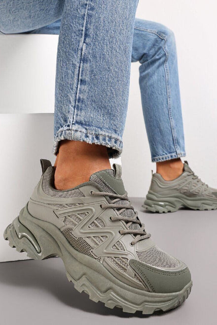 GREEN LACE UP FASHION STYLISH CHUNKY FLAT TRAINERS