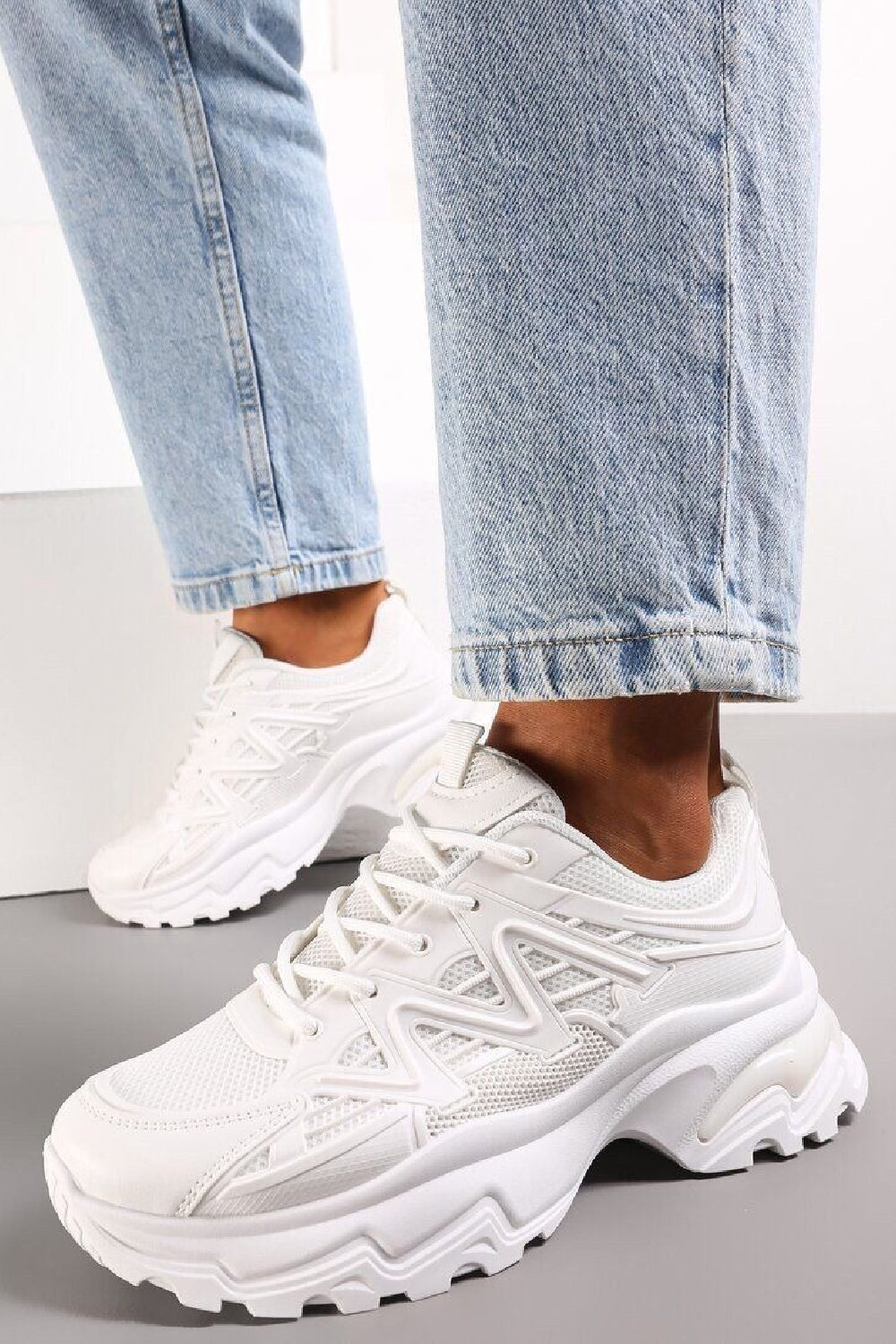 WHITE LACE UP FASHION STYLISH CHUNKY FLAT TRAINERS