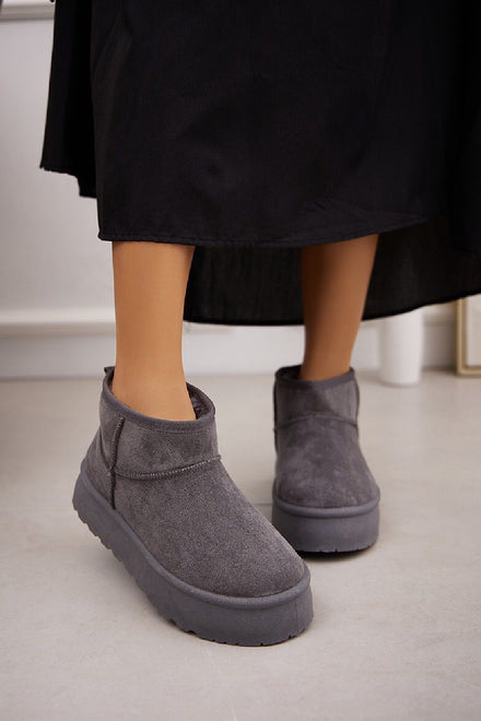 GREY ULTRA MINI PLATFORM FAUX FUR LINED ANKLE BOOTS