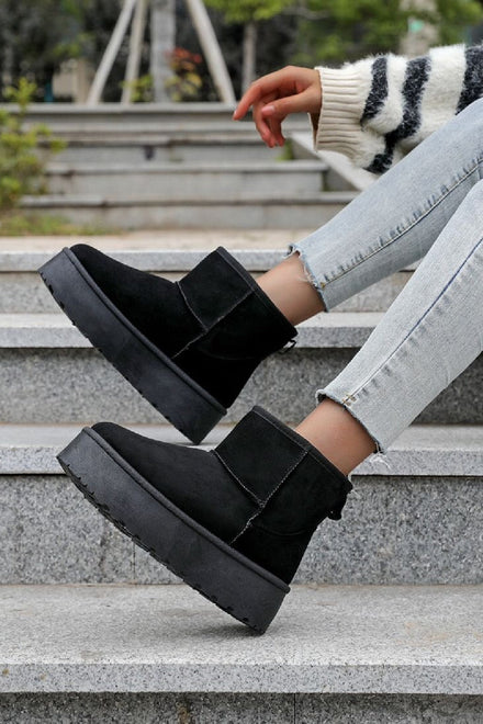 BLACK FAUX FUR LINED CLASSIC PLATFORM ANKLE BOOTS