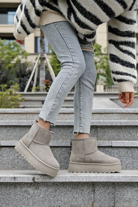 GREY FAUX FUR LINED CLASSIC PLATFORM ANKLE BOOTS