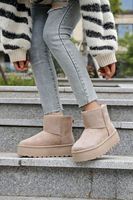 MOCHA BEIGE FAUX FUR LINED CLASSIC PLATFORM ANKLE BOOTS