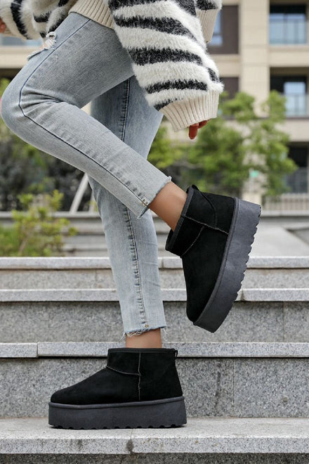 BLACK ULTRA MINI PLATFORM FAUX FUR LINED ANKLE BOOTS