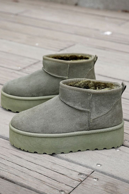 GREEN ULTRA MINI PLATFORM FAUX FUR LINED ANKLE BOOTS