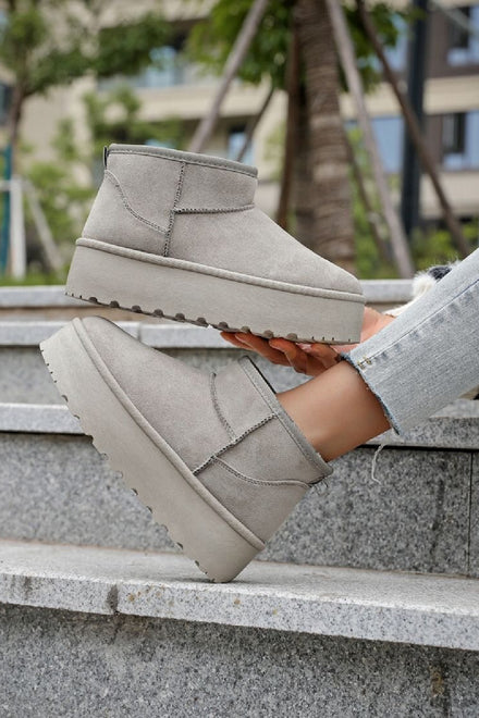 GREY ULTRA MINI PLATFORM FAUX FUR LINED ANKLE BOOTS