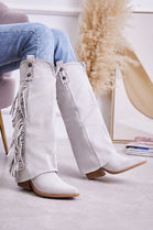 GREY FRINGE DETAIL COWBOY BOOTS KNEE HIGH WESTERN BOOTS