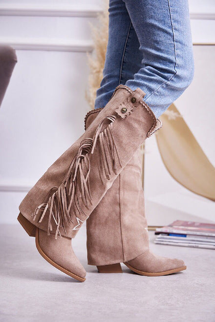 KHAKI FRINGE DETAIL COWBOY BOOTS KNEE HIGH WESTERN BOOTS