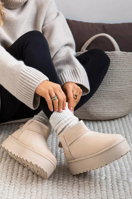 BEIGE ULTRA MINI PLATFORM FAUX FUR LINED ANKLE BOOTS