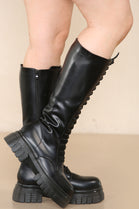 Black PU Chunky Calf High Boots With Lace Up Detail