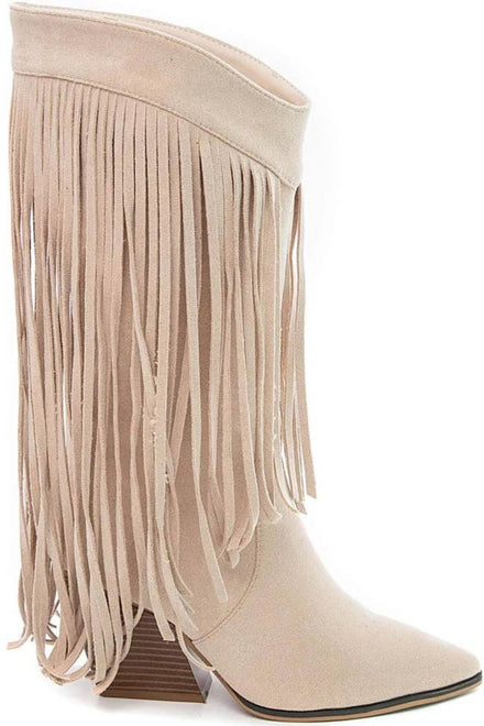 Beige Faux Suede Knee High Fringe Detail Western Boots