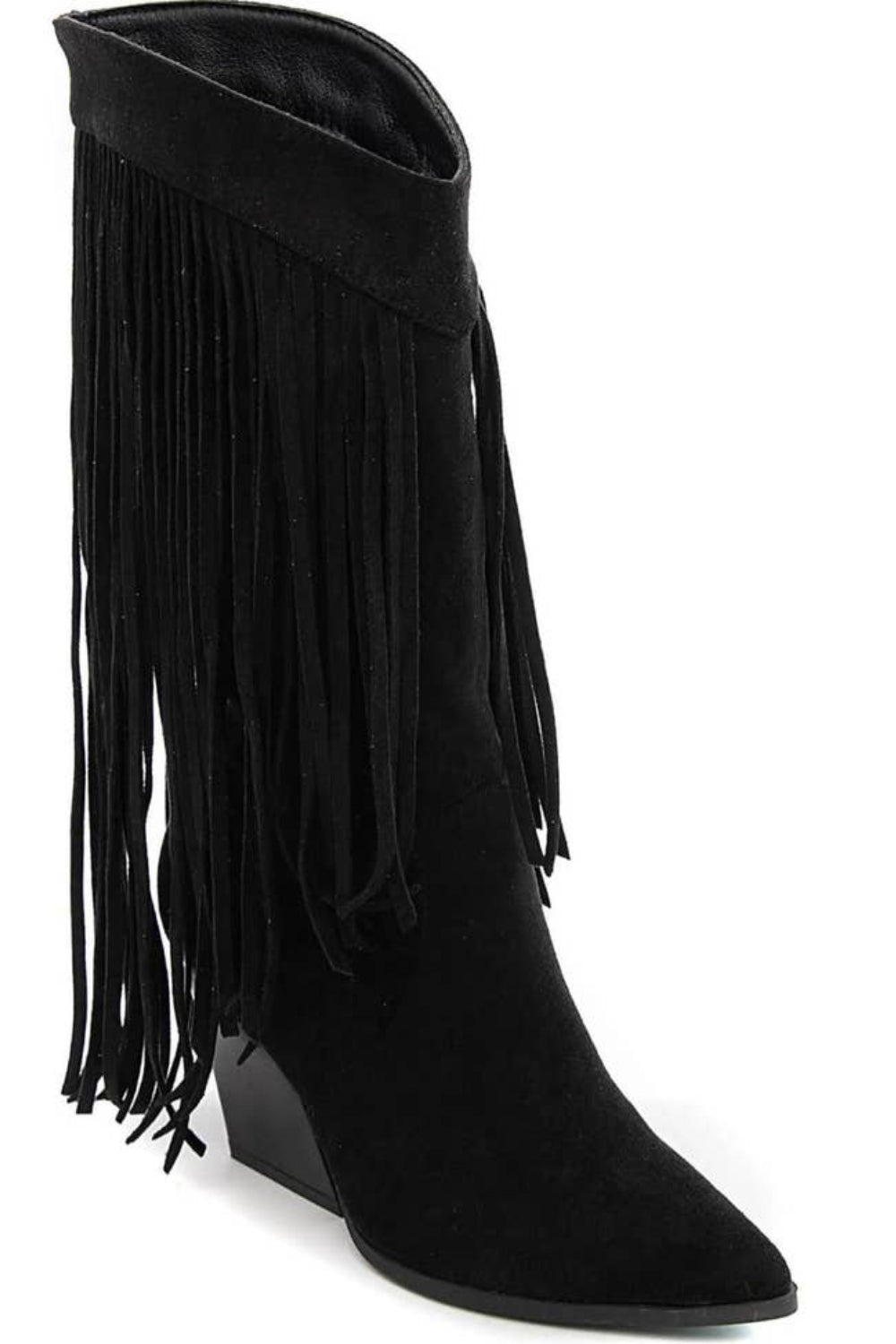 Black Faux Suede Knee High Fringe Detail Western Boots