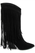 Black Faux Suede Knee High Fringe Detail Western Boots