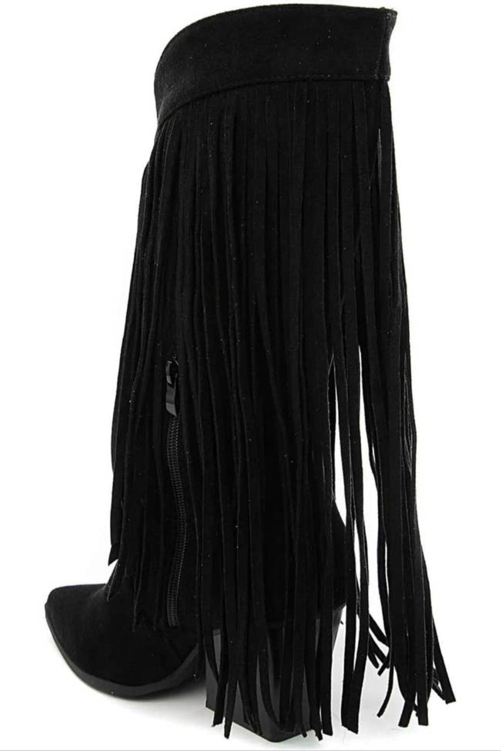 Black Faux Suede Knee High Fringe Detail Western Boots