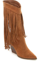 Camel Faux Suede Knee High Fringe Detail Western Boots