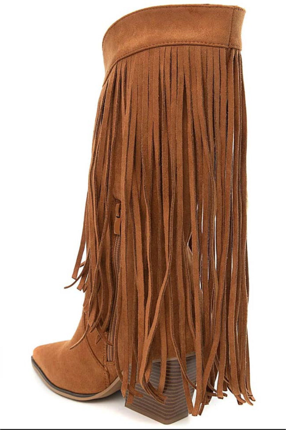 Camel Faux Suede Knee High Fringe Detail Western Boots