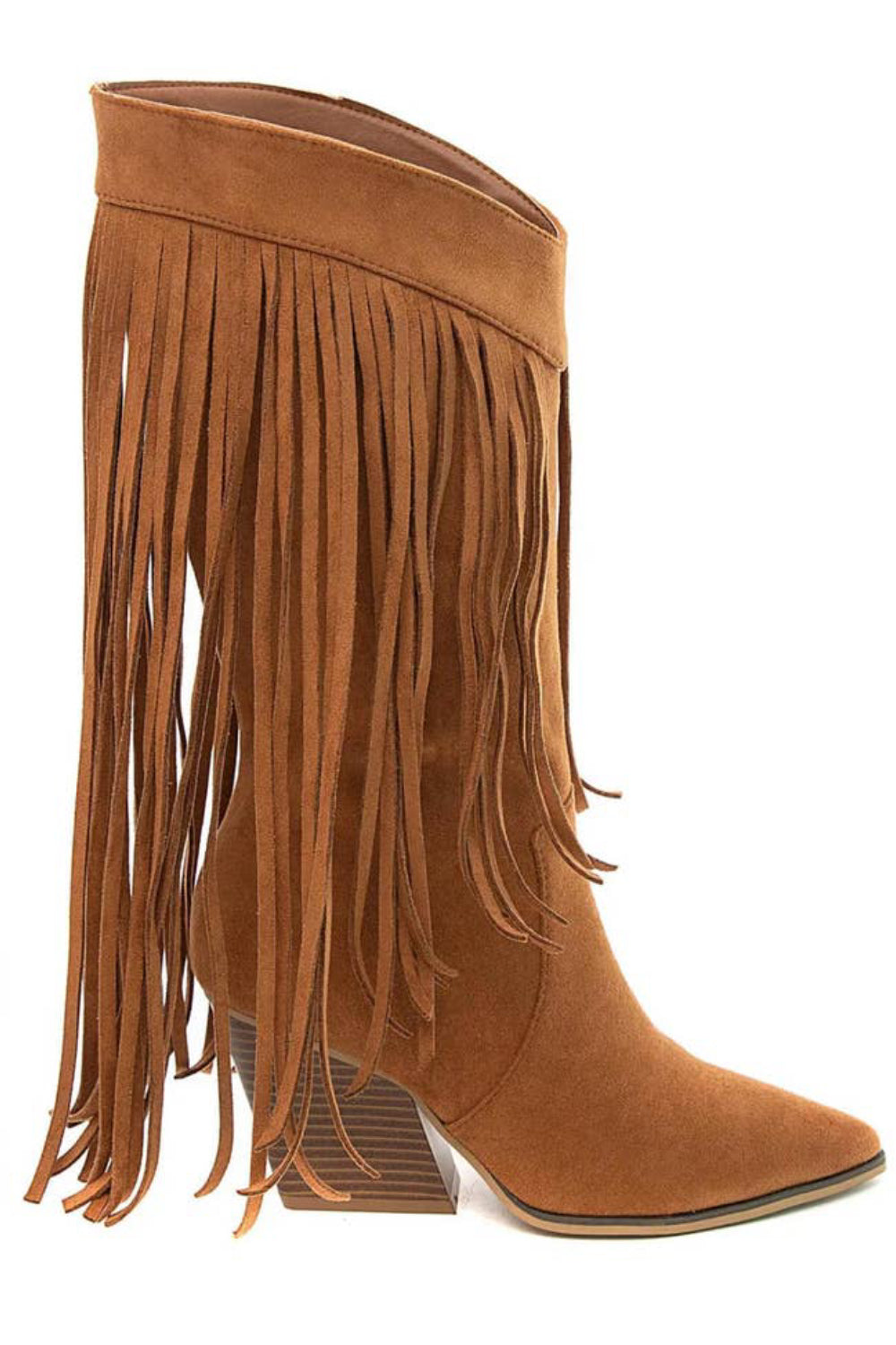 Camel Faux Suede Knee High Fringe Detail Western Boots