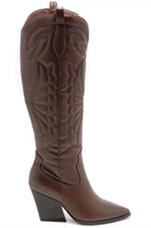 POINTED TOE BLOCK HEEL KNEE HIGH BOOTS BROWN