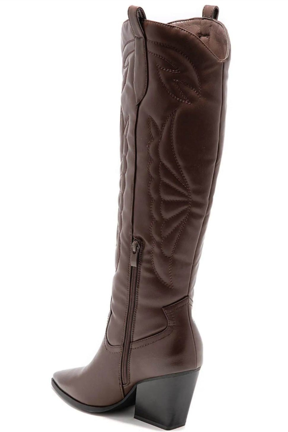 POINTED TOE BLOCK HEEL KNEE HIGH BOOTS BROWN