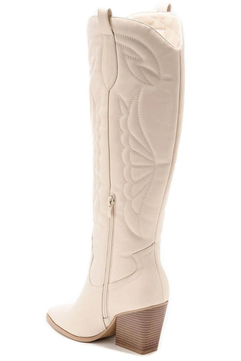 POINTED TOE BLOCK HEEL KNEE HIGH BOOTS BEIGE