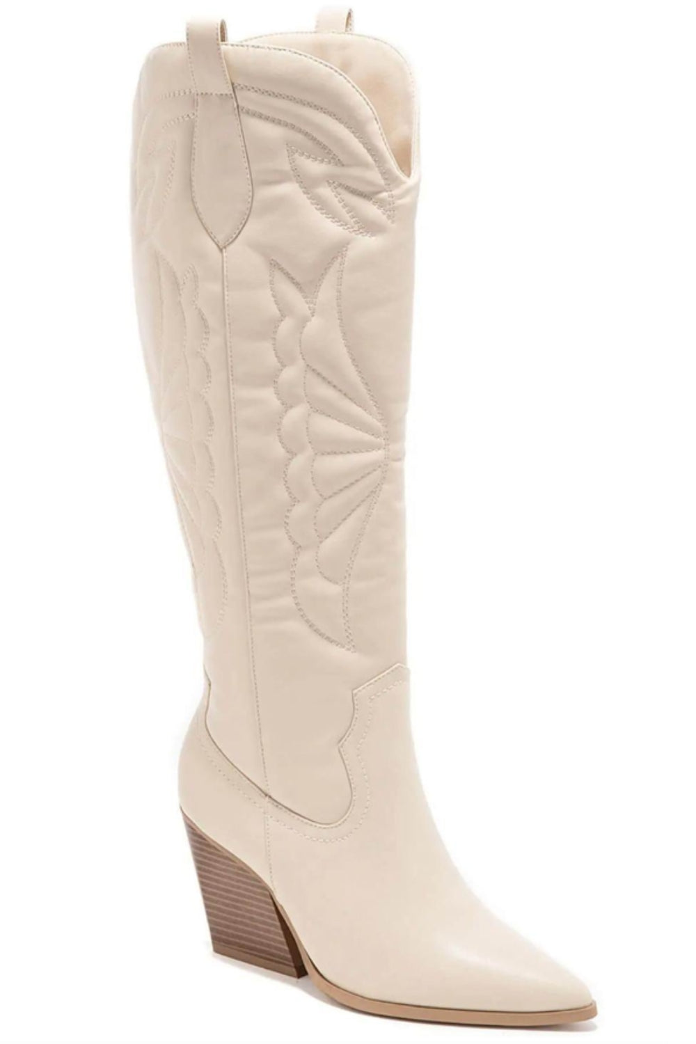 POINTED TOE BLOCK HEEL KNEE HIGH BOOTS BEIGE