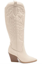 POINTED TOE BLOCK HEEL KNEE HIGH BOOTS BEIGE