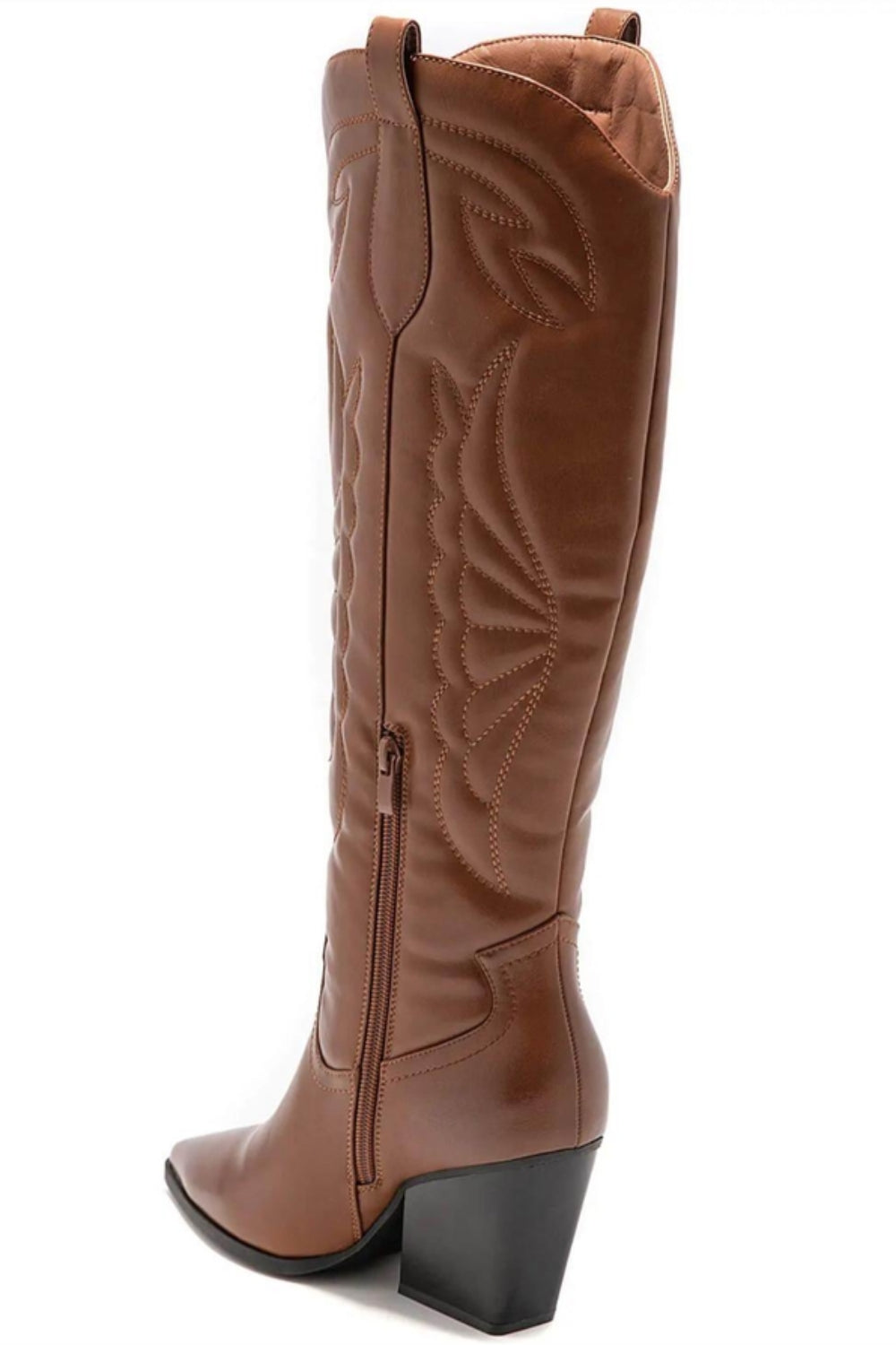 POINTED TOE BLOCK HEEL KNEE HIGH BOOTS CAMEL