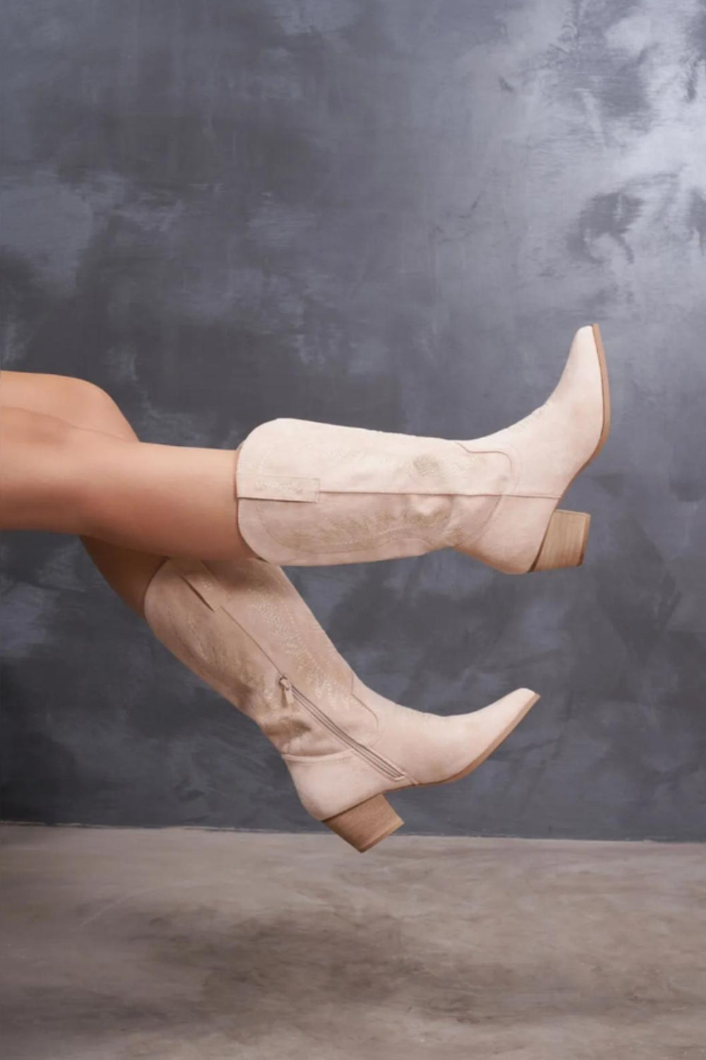 FAUX SUEDE WESTERN COWBOY BOOTS BEIGE