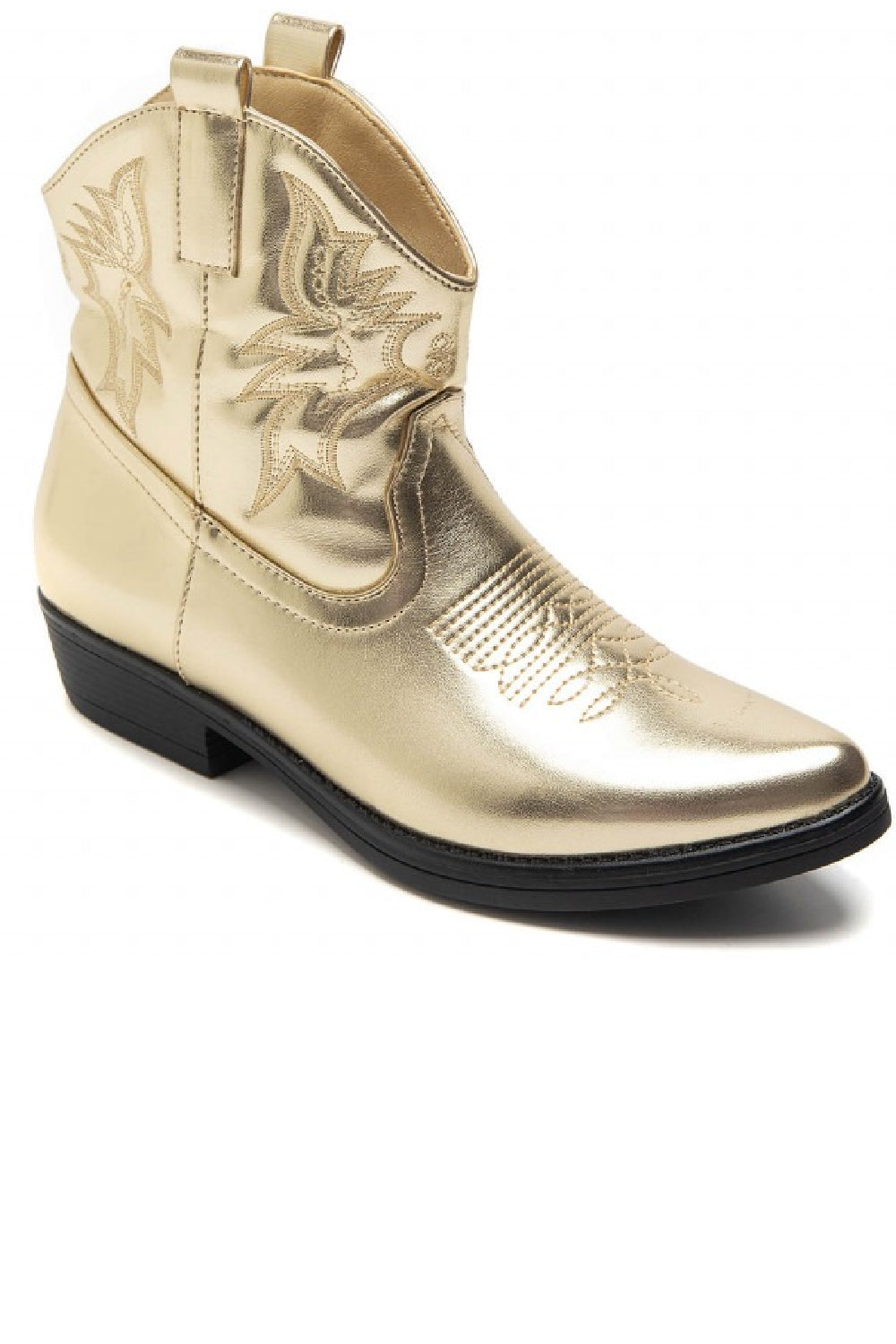 GOLD COWBOY BOOTS EMBROIDED FLAT WESTERN ANKLE BOOTS