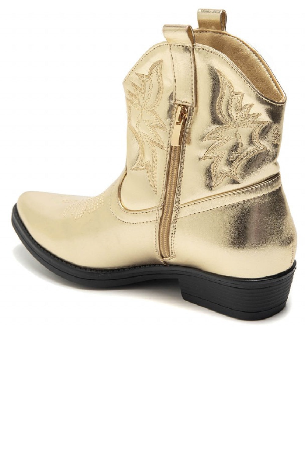 GOLD COWBOY BOOTS EMBROIDED FLAT WESTERN ANKLE BOOTS